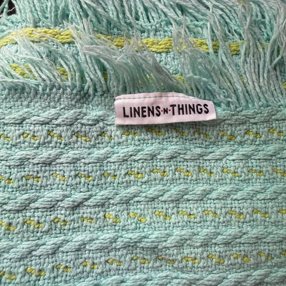Vtg Knit Blanket Blue Yellow Fringe Unisex Cotton Throw Blanket‎